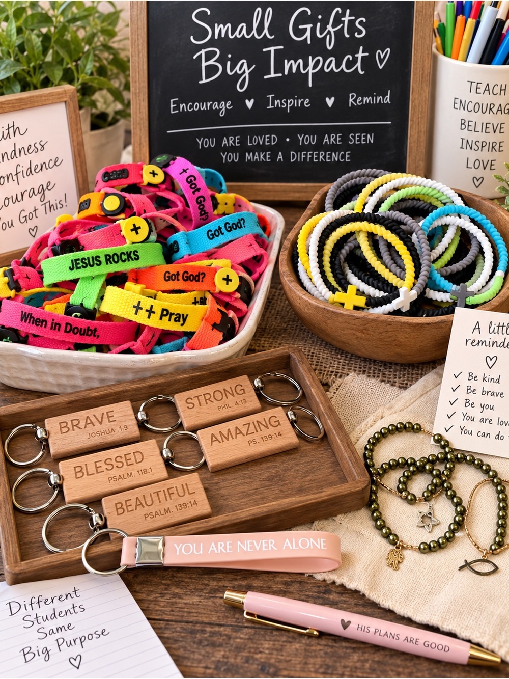 100+ Pc Christian Student Gift Lot - 95+ Faith Bracelets & 6 Keychains
